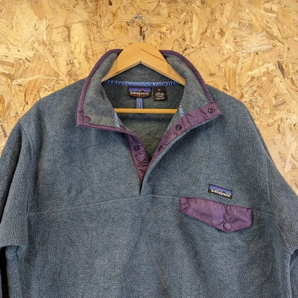 Patagonia Grey Purple Synchilla Snap-T Fleece Pocket Pullover Y2K Men's Medium - Picture 2 of 7